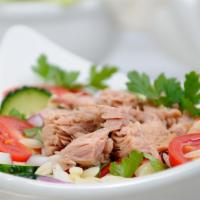 Tuna Salad · Lettuce, Tomatoes, Red Onions, Olives, Cucumber & a scoop of fresh white meat Tuna.