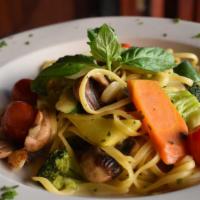 Linguine Primavera · Garden fresh vegetables, garlic, and olive oil sauce.