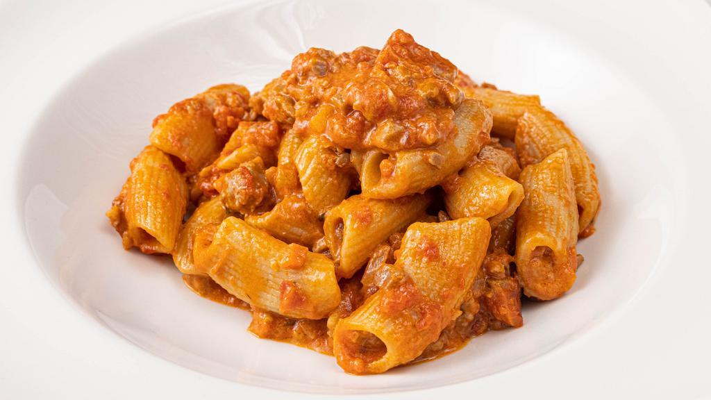 Rigatoni Al Ragu Di Vitello · Homemade pasta with ground veal and pancetta in tomato sauce.