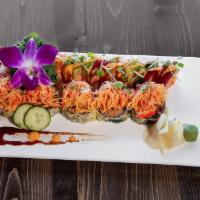 Volcano Roll · Deep-fried spicy tuna, avocado and cream cheese roll topped with spicy crab meat, tobiko, an...