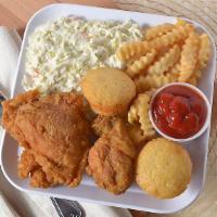 Chicken Snack (2 Pieces) · 1 Thigh and 1 leg comes with one side and choice of cornbread or dinner roll.