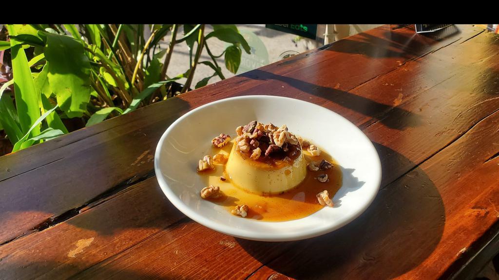 Longan Creme Caramel · Similar to a Flan but lighter and silkier in texture, with Free-roaming eggs, Organic Milk, Organic Sugar, Tahitian Vanilla Bean and a hint of Blood Orange Zest.