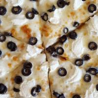 White Pizza · A sauceless pie topped with ricotta, mozzarella, and parmesan cheese. 
The Black Olive is op...