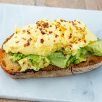 Egg & Avocado Toast · Scrambled eggs, smashed avocado, chili flakes on sourdough. (All our eggs are from the Farme...