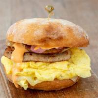 Sausage, Egg & Cheese · Scrambled eggs, pork sausage, caramelized onions & provolone on a warm ciabatta roll. (All o...