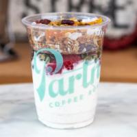 Granola Parfait · Vegan vanilla yogurt, House Made Granola, raspberries, blueberries, dark chocolate & pumpkin...