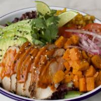 Chipotle Chicken Salad Bowl · Mixed Greens with Avocado, Tomatoes, Cucumbers, Red Onions, Black Beans, Roasted Corn, Roast...