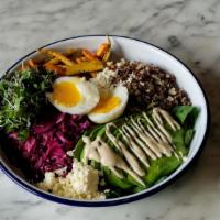 Quinoa Avocado Bowl · Roasted carrots, avocado, red quinoa with brown rice, crumbled feta cheese, soft boiled egg,...