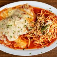 Chicken Parmigiana Lunch · Breaded chicken covered in marinara sauce & topped with mozzarella.