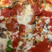 Works · Sausage , pepperoni , mushrooms , onions , peppers , extra - cheese