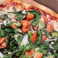 Vegetarian Pizza  · Peppers, onions, mushrooms, tomatoes, broccoli, eggplant, black olives, garlic.