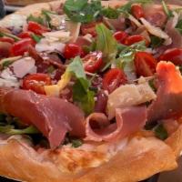 Enzos Pizzetta · Prosciutto/ Arugula/Shaved Parmesan/Cherry Tomatoes/Balsamic Vinegar/Olive oil