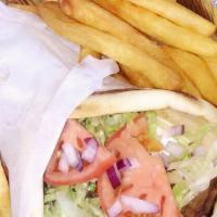 Beef Gyro · Red onions, tomatoes and tzatziki sauce on pita bread. Served with fries.