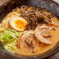 Pork Shoyu Ramen · Wavy, thick egg noodles in a soy sauce-based 