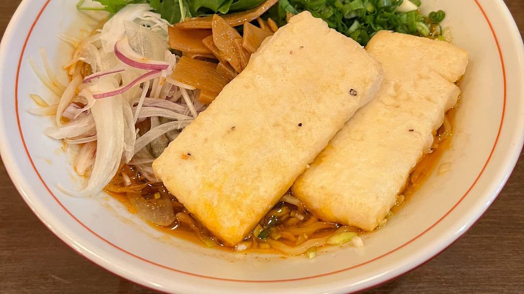 Vegetable Ramen Spicy · Vegetarian. Vegetable ramen noodle soup with fried tofu, scallion, spinach, onion, and radish sprouts.