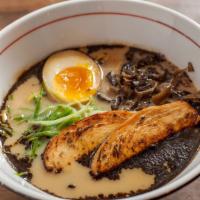 Kojiro Chicken Shio Black Ramen · Wavy, thick egg noodles in a salt-based 