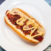 Tex Mex Dog · Topped with pepper jack cheese, crispy bacon. Drizzled with chipotle mayo.