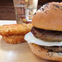 Sausage & Egg Breakfast Sandwich · (2) sausage patties topped with an egg on a kaiser roll