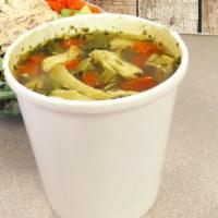 Chicken Noodle Soup · Tender chunks of chicken, carrots, noodles and celery in a flavorful broth