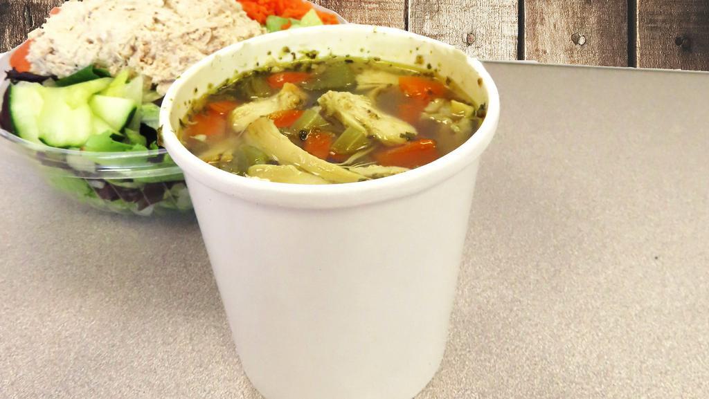 Chicken Noodle Soup · Tender chunks of chicken, carrots, noodles and celery in a flavorful broth