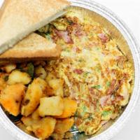 Western Omelette · Egg combined with ham, onions, and peppers. Served with home fries and toast.