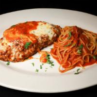 Chicken Parmigiana · Tomato sauce, panko gremolata basil and mozzarella cheese.