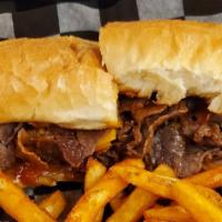 Sheppard Cheese Steak · Grilled Ribeye Steak, onions, roasted peppers, mushroom, American Cheese on a hero.