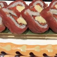 Valentine Roll · Spicy tuna, crab meat, and crunch roll with salmon and avocado on top.