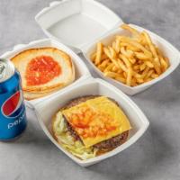 Cheeseburger · With french fries and can of soda.