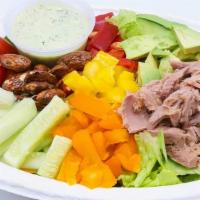 Dilled Tuna Chop Chop Salad · Lettuce, tomatoes, cucumbers, peppers, hearts of palm, avocado, celery, almonds, flaked tuna...