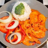 Pepper Shrimp · Served your choice of White Rice or Rice and Peas, Plantain, and Vegetables