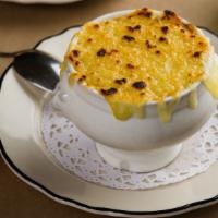 French Onion Soup (Cup) · Prepared Daily. French onion soup topped with brioche bread and melted gruyere. No cream. No...