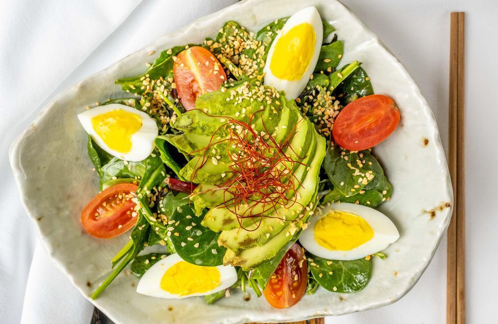 Spring Mix Salad (Gf, Vg) · Spring mix, avocado, cherry tomato, hard-boiled egg, creamy onion dressing topped with roasted sesame