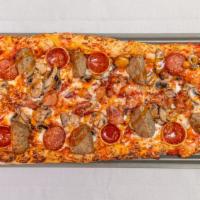 Overload · Signature tomato basil sauce, shredded mozzarella, mushrooms, Italian sausage, meatballs, pe...