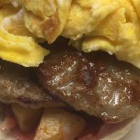 Belly Buster · Egg, bacon, sausage, pork roll, and mortły potato on a hard rol