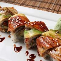 Out Of Control Roll · Yellowtail, asparagus and avocado inside, topped with salmon, tuna, crunch and tobiko. Wrapp...