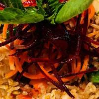 * Spicy Basil Fried Rice · Spicy. Stir-fried rice w/egg, onion, carrot, basil, bell pepper and string bean.

* Indicate...