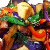 * Eggplant Basil · Spicy. Sautéed choice of your meat, eggplant, chili paste, bell pepper, basil w/ spicy chili...