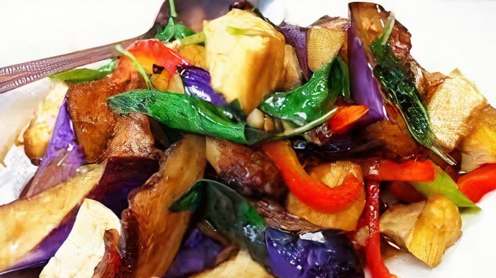 * Eggplant Basil · Spicy. Sautéed choice of your meat, eggplant, chili paste, bell pepper, basil w/ spicy chili basil sauce.

* Indicates spicy and we can adjust the amount of spices according to your taste. (Please let us know if you have any dietary restrictions or food allergies)