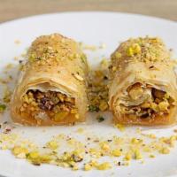Baklawa · Phyllo pastry filled with pistachio.