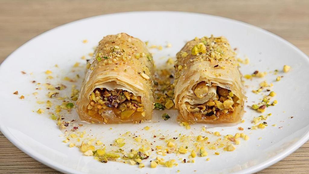 Baklawa · Phyllo pastry filled with pistachio.