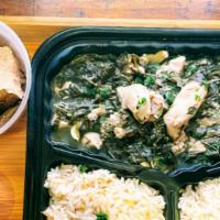 Homestyle Lebanese Molokhia (Mallow Leaf And Chicken Stew) · Traditionally prepared, sautéed Mallow Leaves simmering with seasoned white chicken, cilantr...