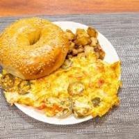 Mexican Omelet Platter · Jalapeño, tomato, and mozzarella cheese. Includes free small coffee. Served with home fries ...