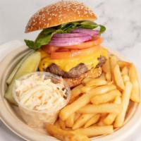 Cheeseburger Deluxe · Includes lettuce, tomato, french fries, coleslaw and pickle.