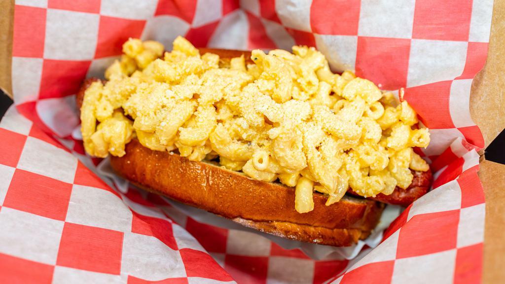 Mac & Cheese Dog · Bacon wrapped hot dog topped with mac and cheese.