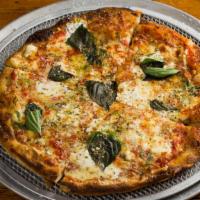 Pizza Margherita  · Ancient grain dough, mozzarella, tomatoes, spring onions and fresh basil.