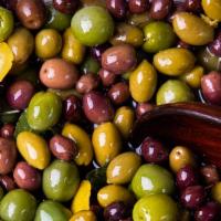 Marinated Mixed Olives · Castelvetrano olive, nicoise olive, picholine olive, gaeta olive, lemon juice, orange juice,...