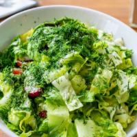 Avocado Salad · Romaine, tomato, cucumbers, fresh dill, scallion, radish, EVOO & vinegar dressing. Add goat ...