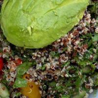 Quinoa Salad · Organic quinoa, kale, cucumber, avocado, balsamic glaze dressing.