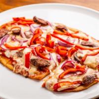 Mediterranean Pizza Personal · Roasted red pepper, onions, mozzarella, lamb sausage, tomato sauce.